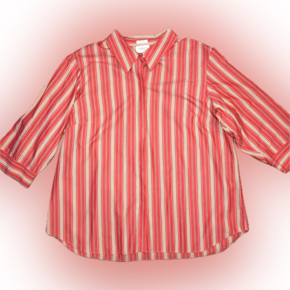 Liz Claiborne Striped Blouse Womens Size 20W Red Orange Tan Button Up Non Iron